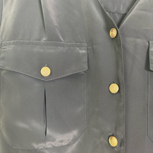 Fashion Attitudes VINTAGE‎ black Silky Short Sleeve blouse gold metal Buttons - Picture 3 of 7